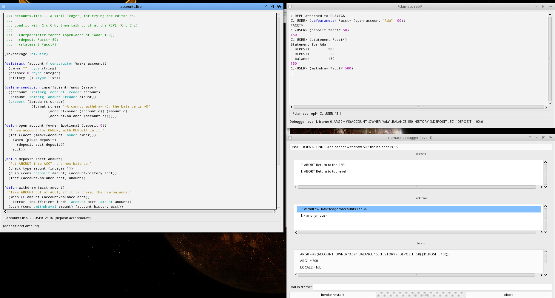 Clamacs on MorphOS: editor, REPL and debugger